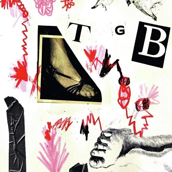 Collage mit Fuß in Sandale, Buchstaben T, G, B und Zeichnungen von Vögeln und abstrakten Formen auf weißem Hintergrund.