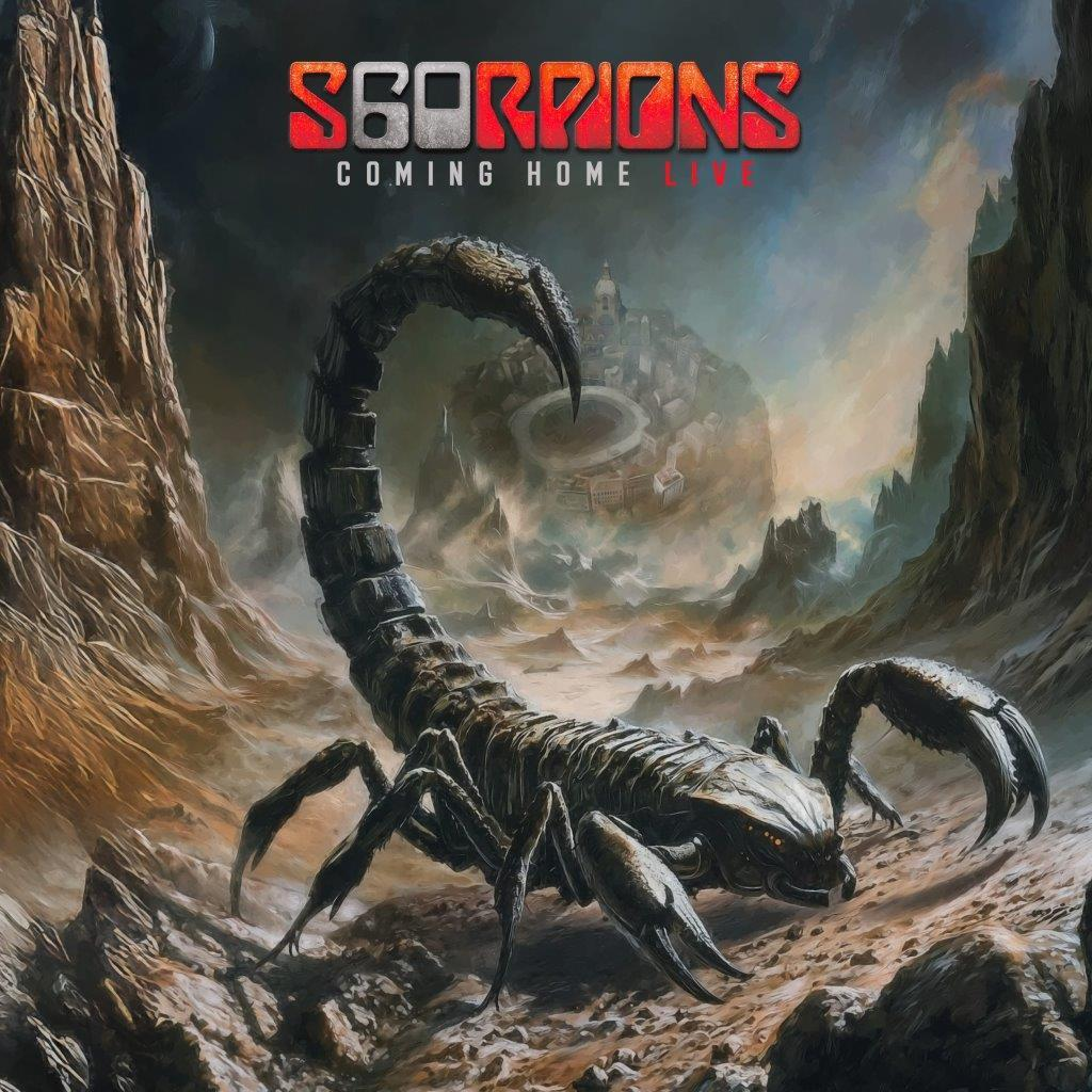 Albumcover mit Skorpion in Felsenlandschaft. Scorpions Text in Rot, Coming Home Live.