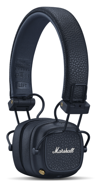 Granatowe słuchawki Marshall. Pałąk jest wygięty, a na nausznikach znajduje się logo Marshall. Widoczne są złote akcenty.
