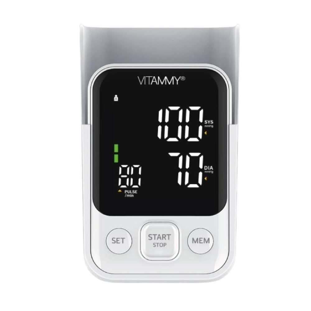 Biały monitor ciśnienia krwi wyświetla 100/70 mmHg i tętno 80. Przyciski: Ustaw, Start/Stop, Pam. Szara górna część.