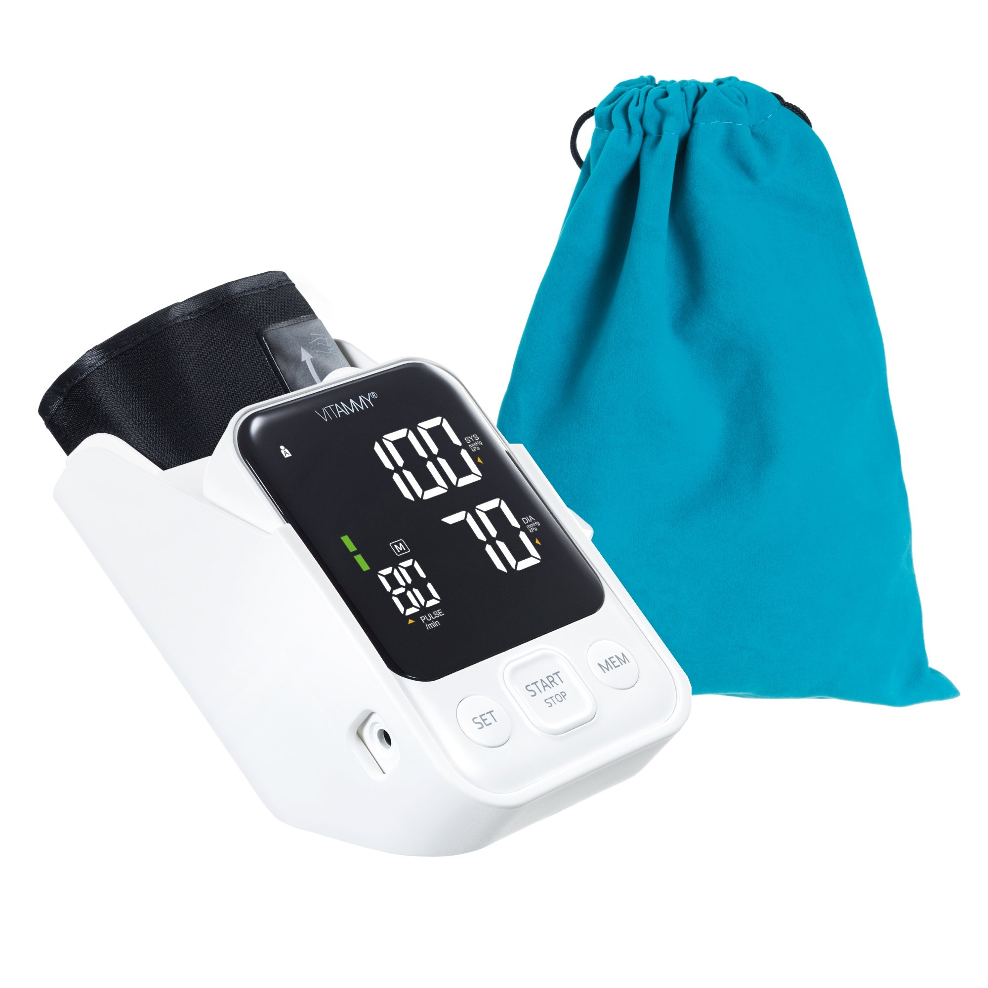 Biały ciśnieniomierz wyświetla odczyty. Po prawej stronie znajduje się niebieska torba ze sznurkiem.