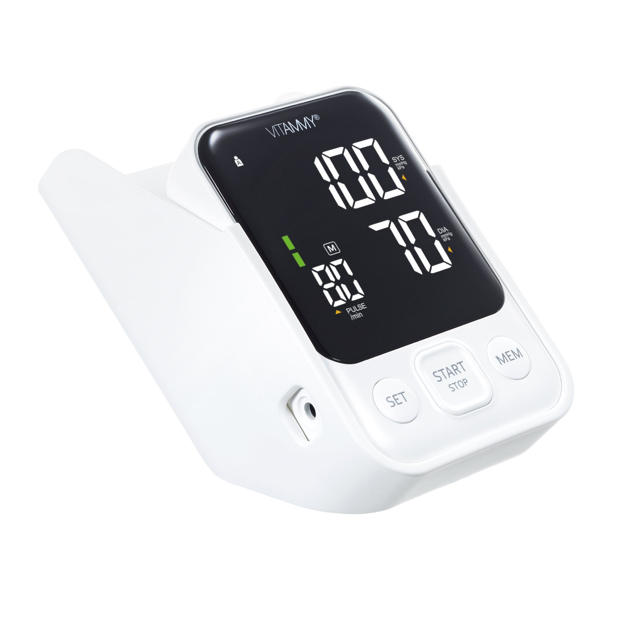 Biały ciśnieniomierz z czarnym wyświetlaczem pokazującym odczyty i przyciski.