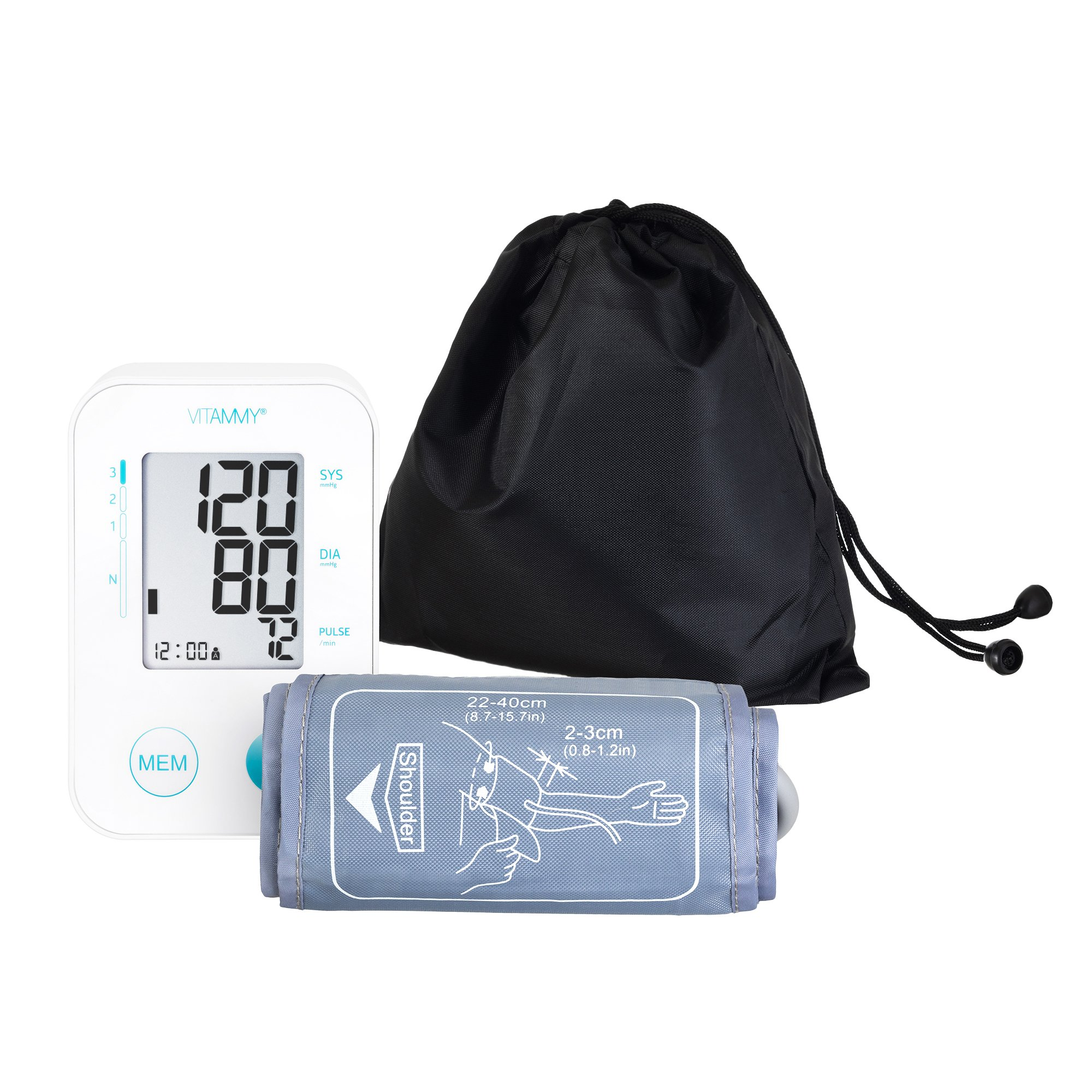 Ciśnieniomierz z cyfrowym wyświetlaczem pokazującym odczyty. Zawiera mankiet, czarną torbę i białe tło.
