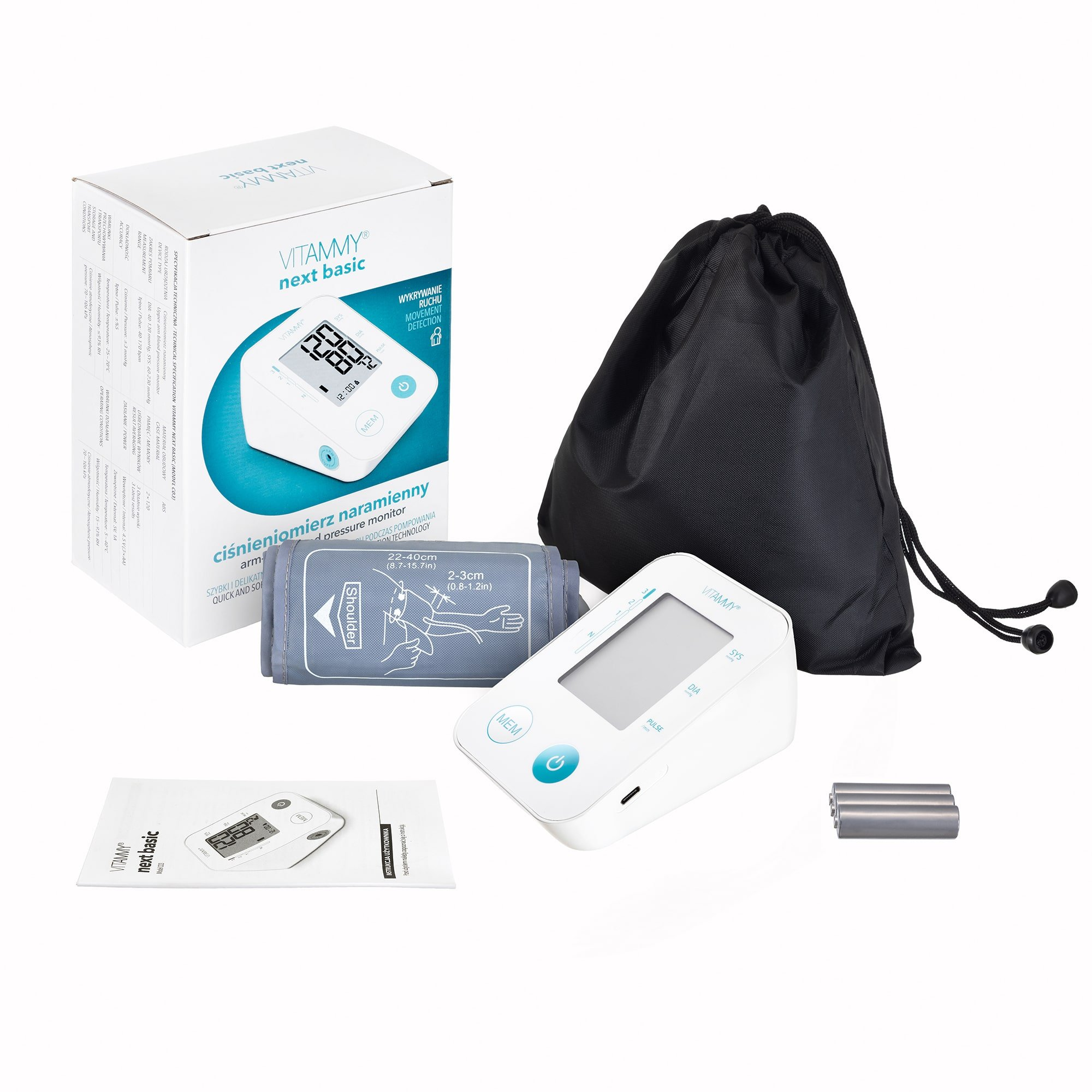 Zestaw do mierzenia ciśnienia krwi. Obejmuje monitor, mankiet, torbę, baterie i instrukcję, wszystko na białym tle.