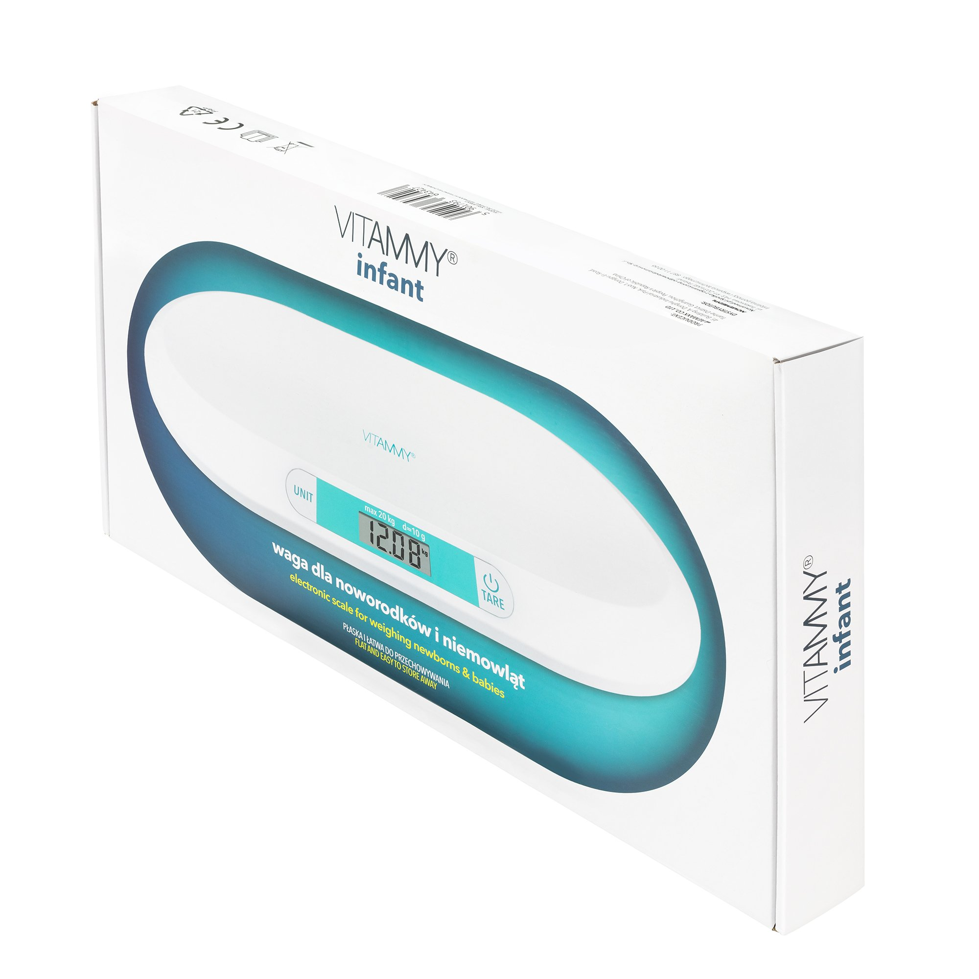 Białe pudełko z wagą dla noworodków. Posiada cyfrowy wyświetlacz z wynikiem 12.08. Marka to VITAMMY infant.