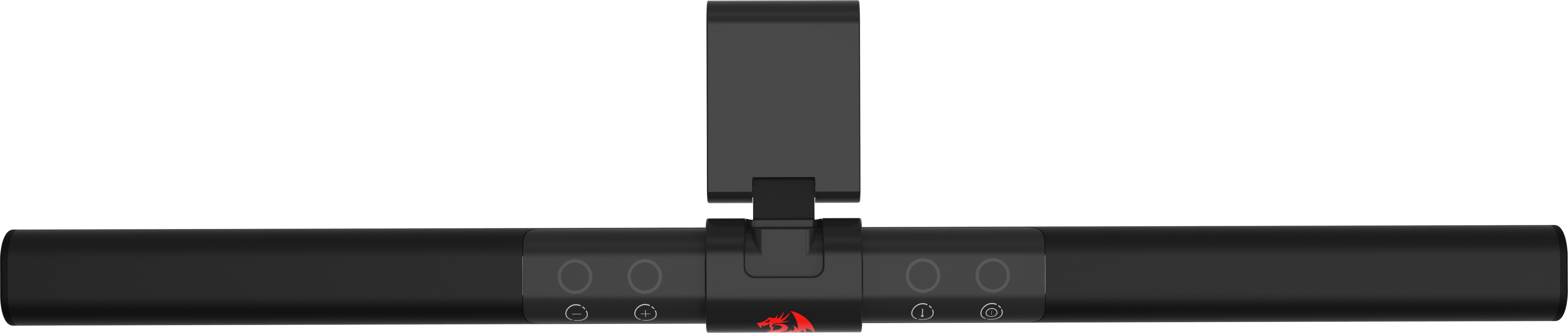 Czarny pasek świetlny LED do monitora z uchwytem na telefon. Posiada przyciski sterujące i czerwone logo smoka.