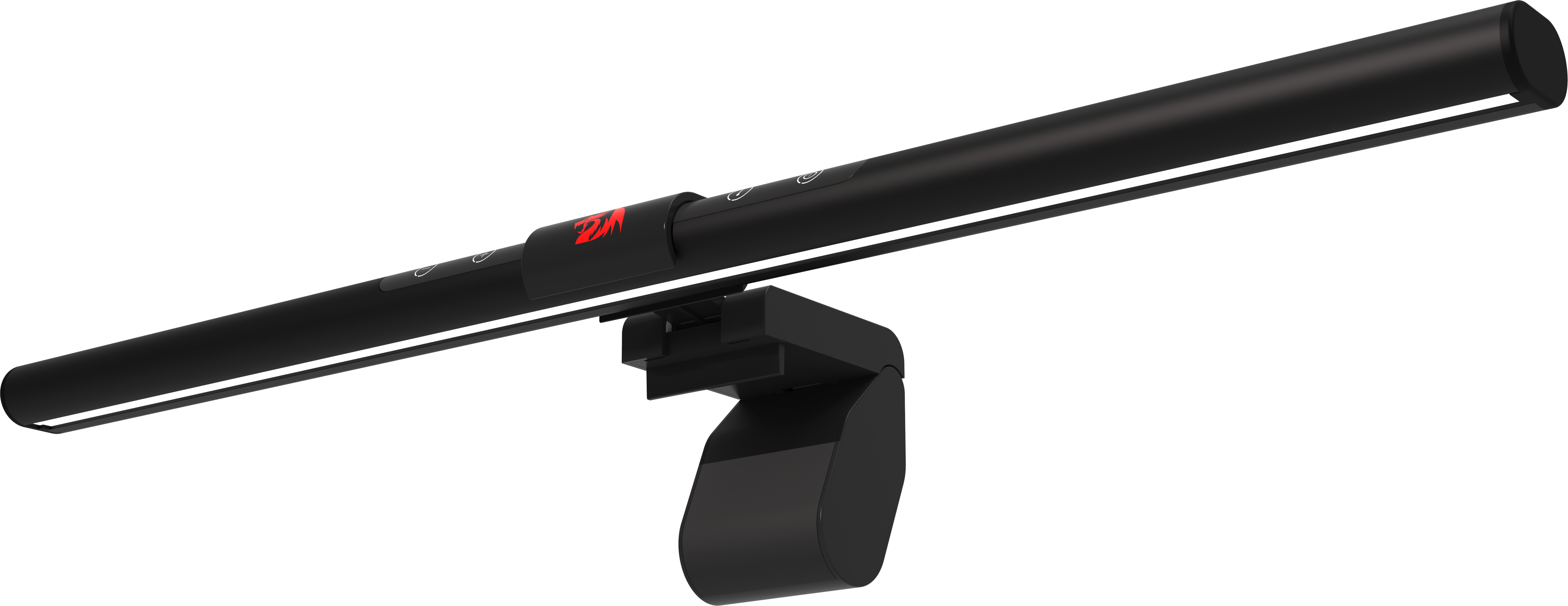 Czarna lampa biurkowa z listwą świetlną i podstawą montażową. Posiada czerwone logo i przyciski sterujące.