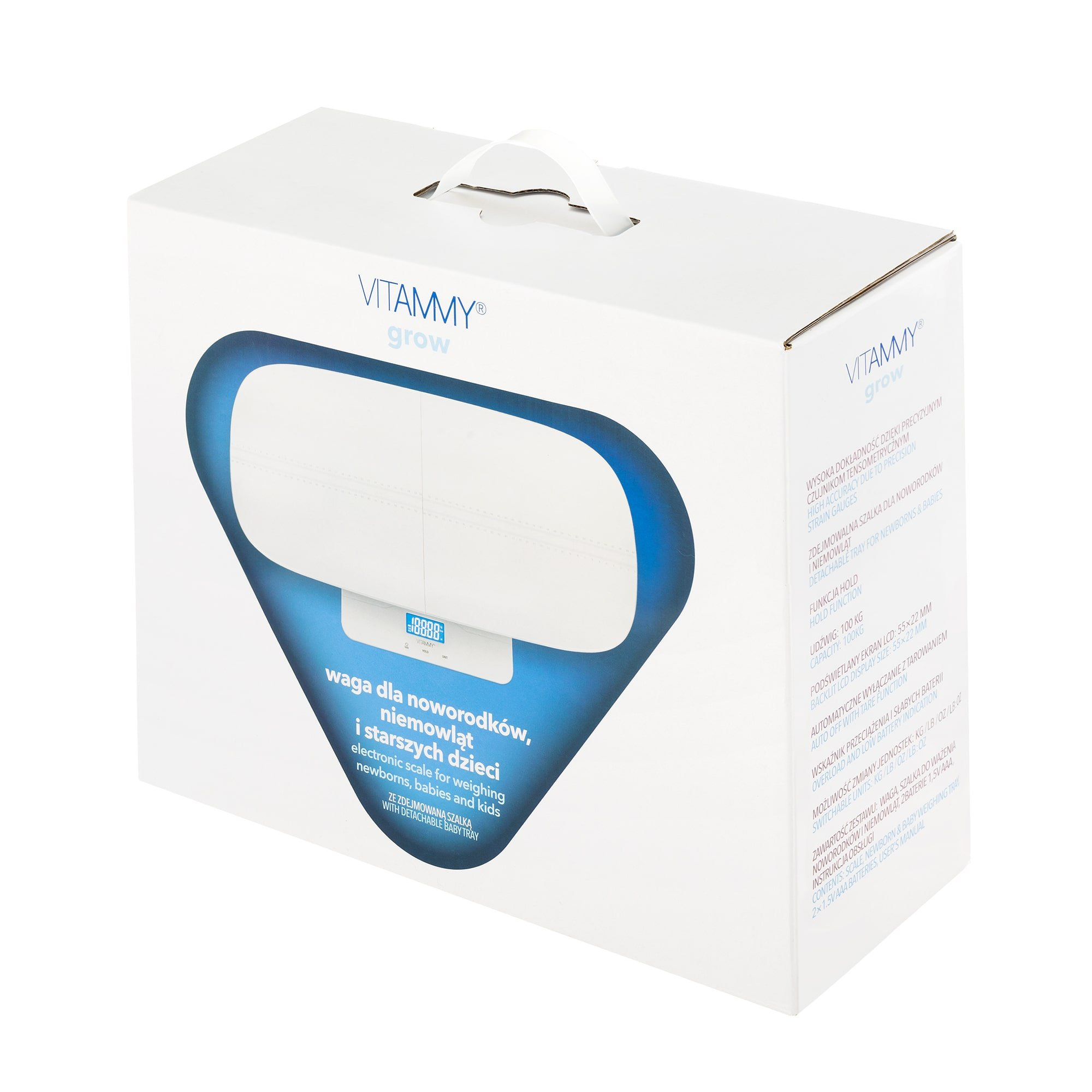 Pudełko wagi dla niemowląt VITAMMY grow. Białe z niebieskimi akcentami. Tekst po polsku i angielsku. Uchwyt u góry.