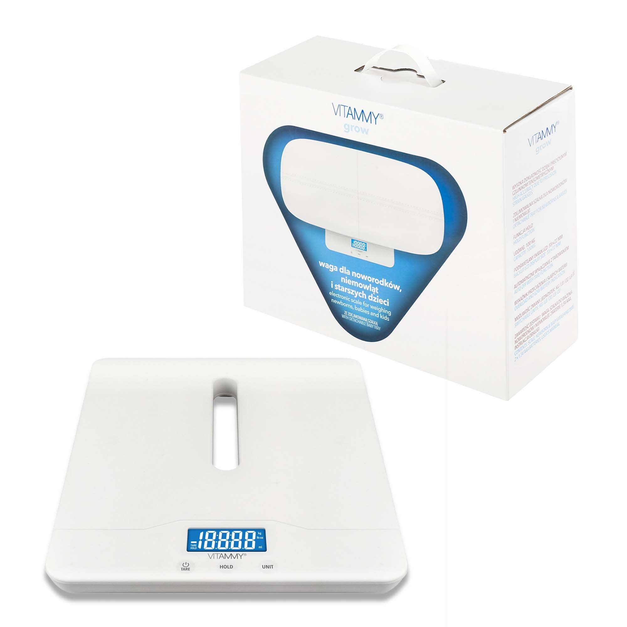 Biała waga z niebieskim wyświetlaczem cyfrowym i białe pudełko z tekstem i uchwytem na białej powierzchni.