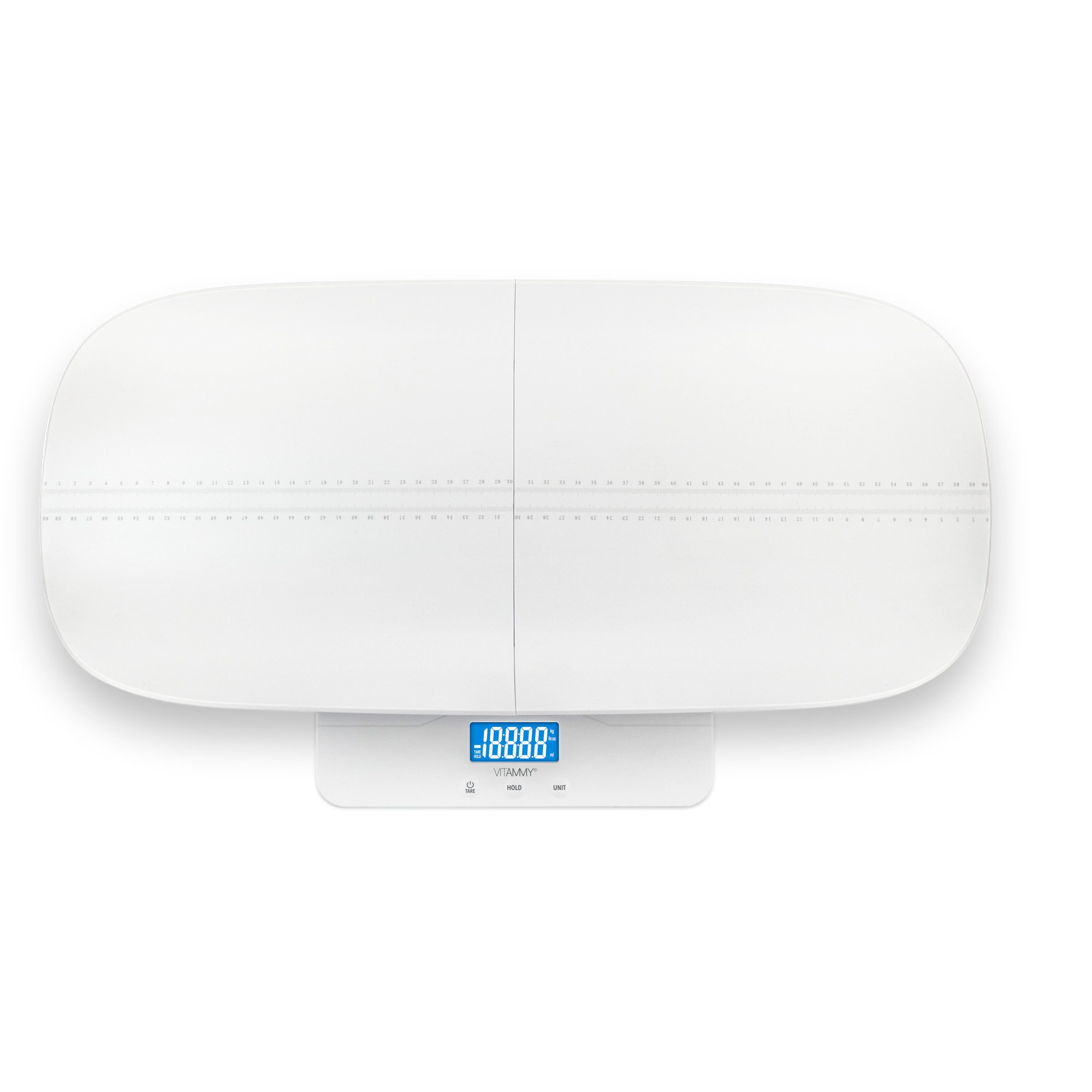 Biała waga dla dziecka z cyfrowym wyświetlaczem 18888. Z boku linijka, pod spodem przyciski.