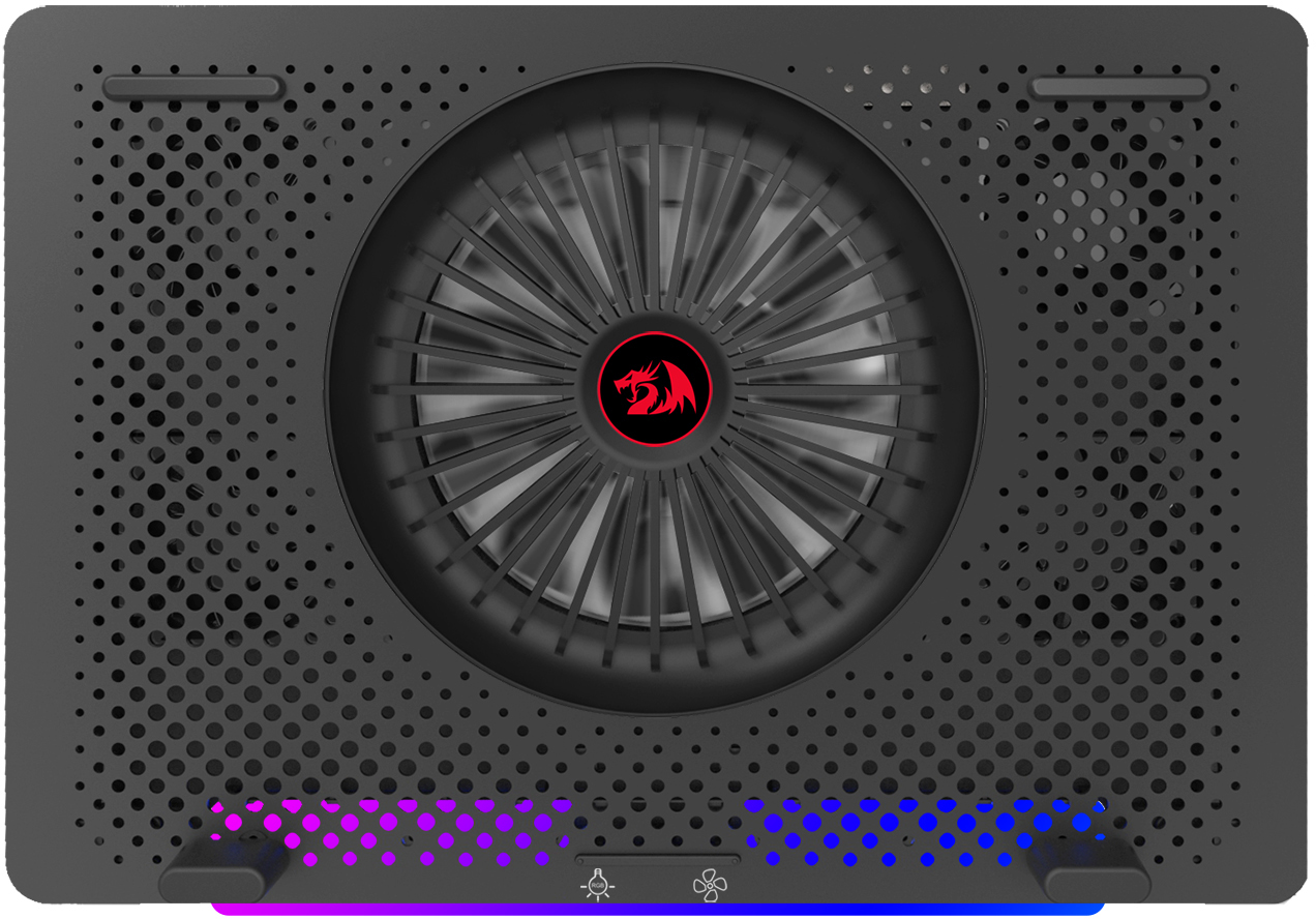 Czarny cooler do laptopa z wentylatorem pośrodku, otoczony otworami wentylacyjnymi. Logo Redragon i światła LED.