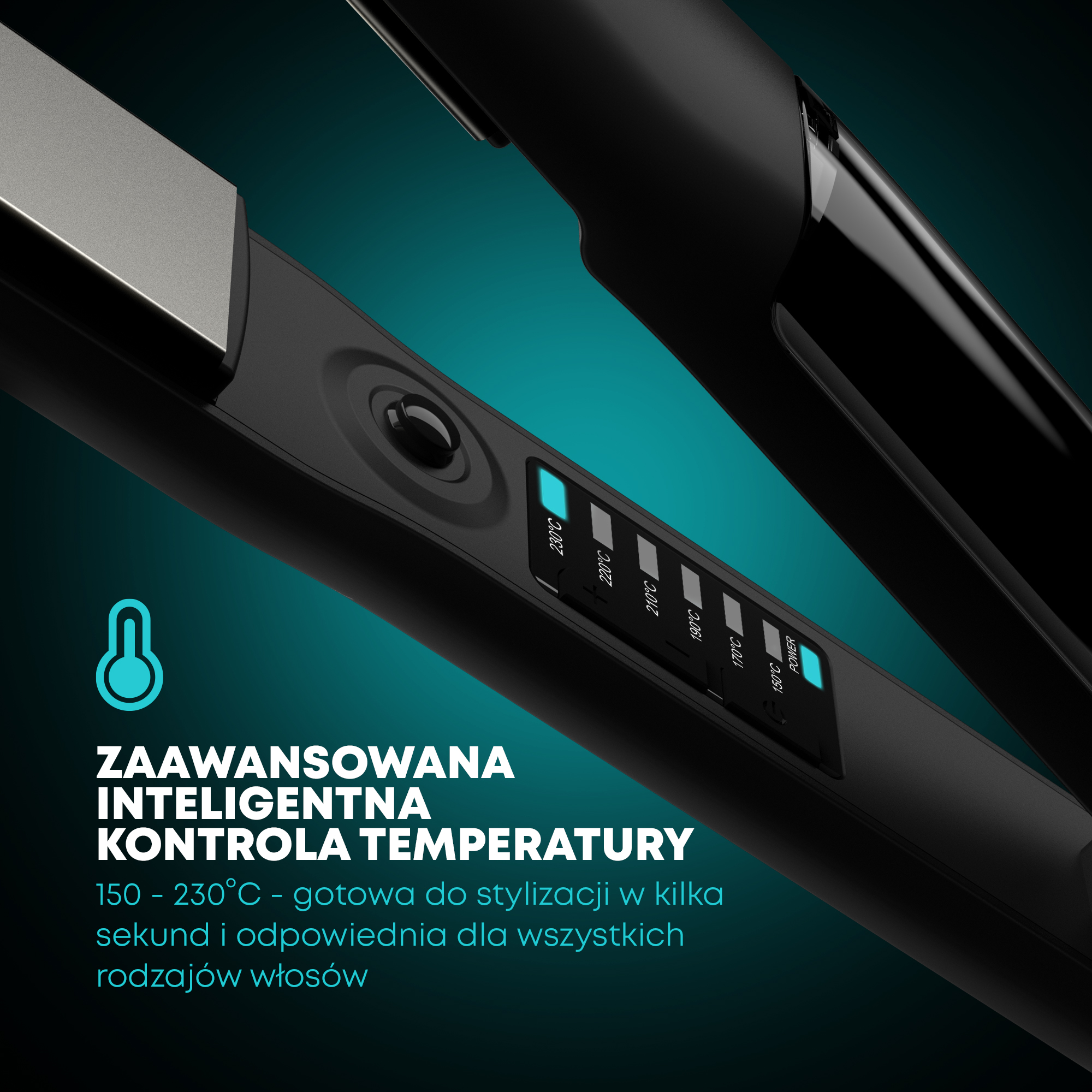 Czarna prostownica do włosów z ustawieniami temperatury na turkusowym tle. Tekst wyświetla zakres temperatur i szczegóły stylizacji.