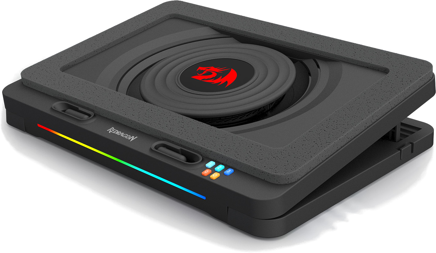 Czarne urządzenie Redragon z centralnym głośnikiem i oświetleniem RGB. Urządzenie ma logo smoka i kilka przycisków.