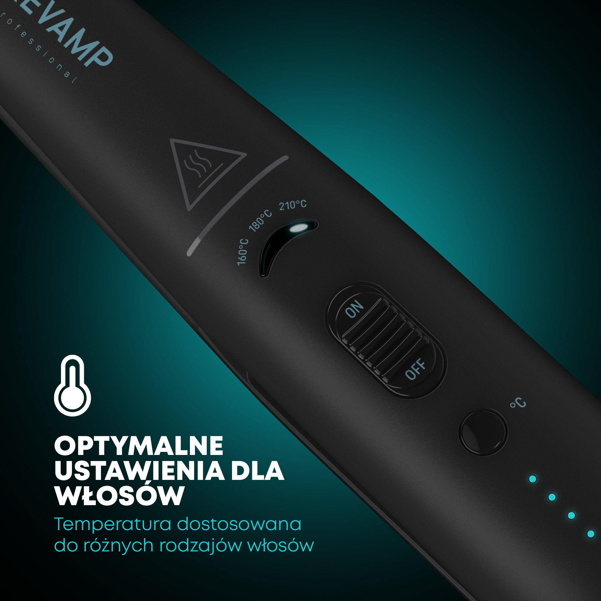 Czarne narzędzie do stylizacji włosów z ustawieniami temperatury, przełącznikiem zasilania i kontrolkami. Tekst: Optymalne ustawienia włosów, temp. adaptacyjna.