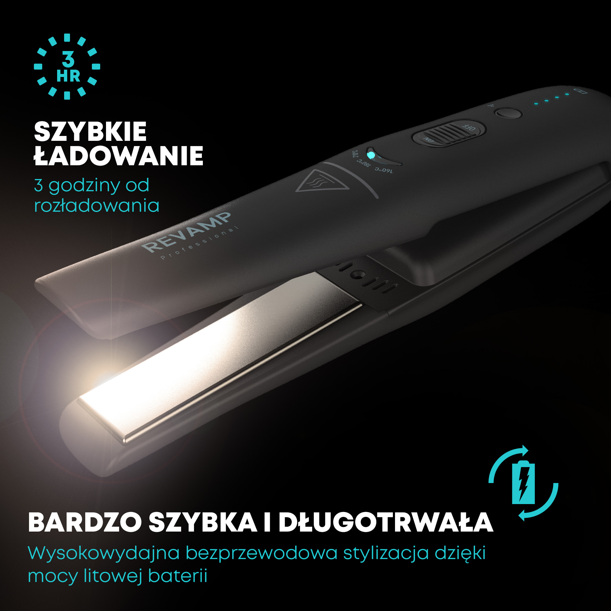 Czarna prostownica do włosów z błyszczącą płytą. Tekst mówi: szybkie ładowanie, 3 godziny od rozładowania, trwałe i bezprzewodowe stylizacje.