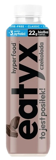 Brązowa butelka z koktajlem proteinowym z napisem "eatvx czekolada". Ma białą nakrętkę i niebieską etykietę z tekstem o białku i sytości.
