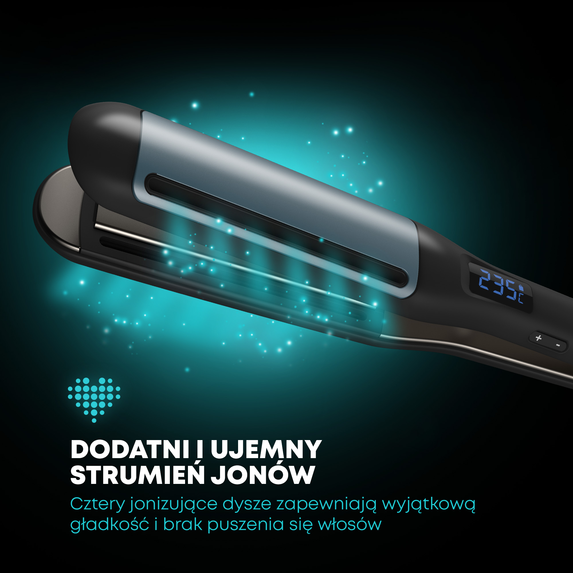 Czarna prostownica do włosów z niebieskimi akcentami i cyfrowym wyświetlaczem 235C, emitująca niebieską poświatę.