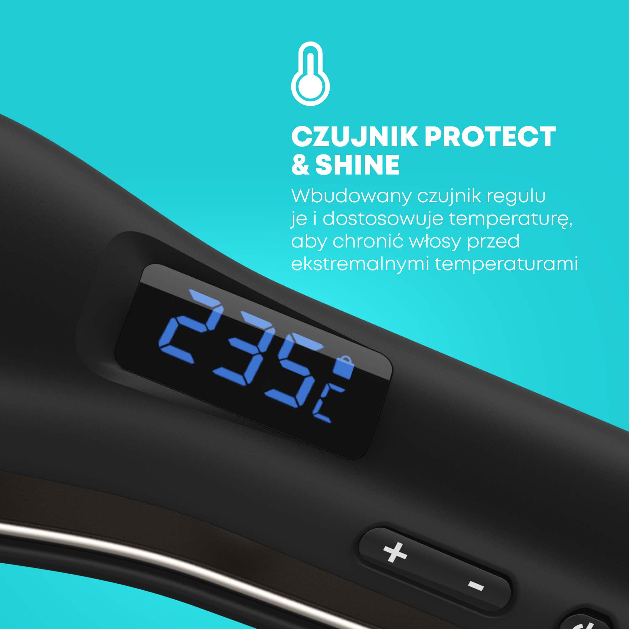 Czarna prostownica do włosów wyświetla 235 stopni. Posiada przyciski do regulacji temperatury i napis 'Protect & Shine'.