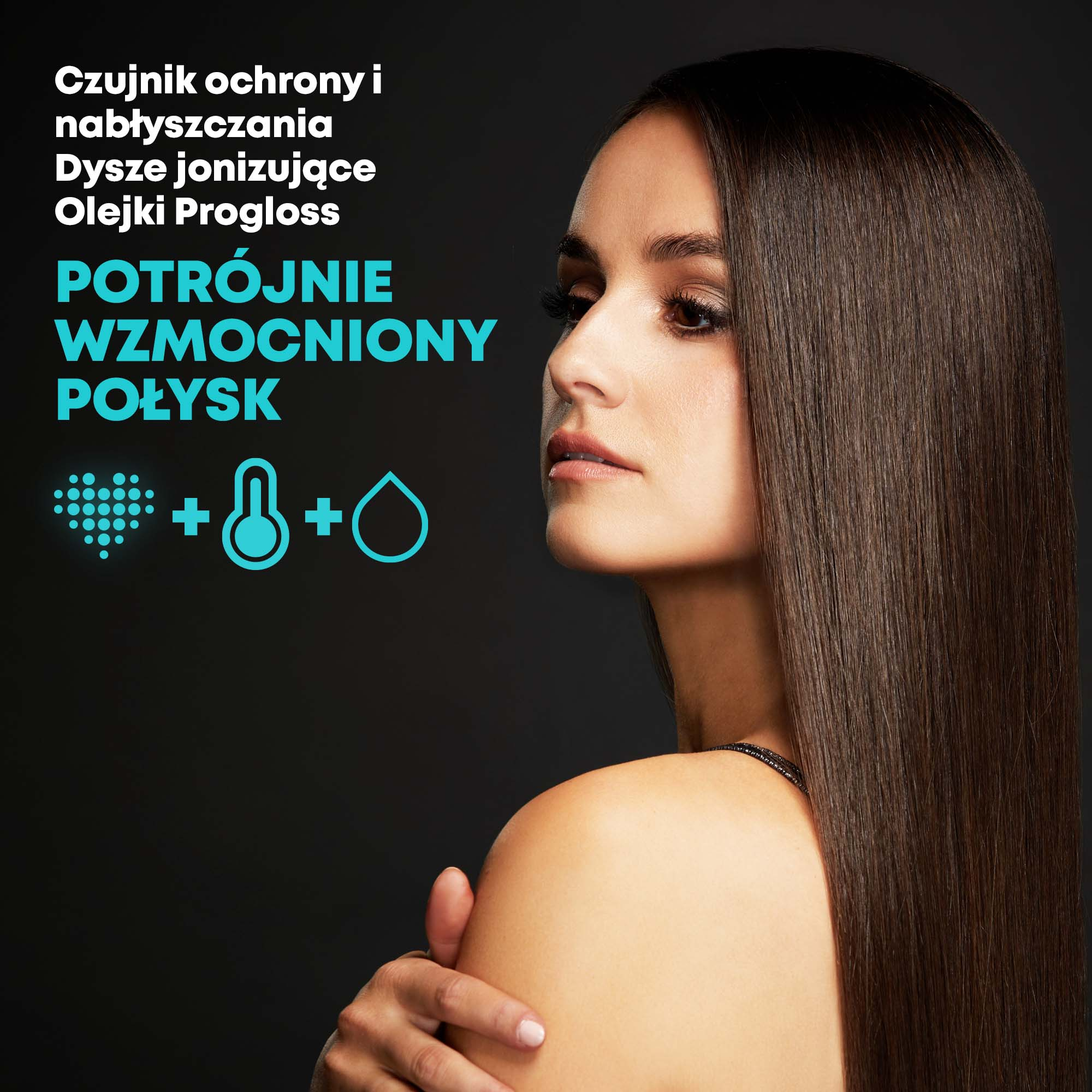 Kobieta z długimi, ciemnymi włosami. Polski tekst promuje produkty do pielęgnacji włosów. Ikony serca, termometru i kropli.