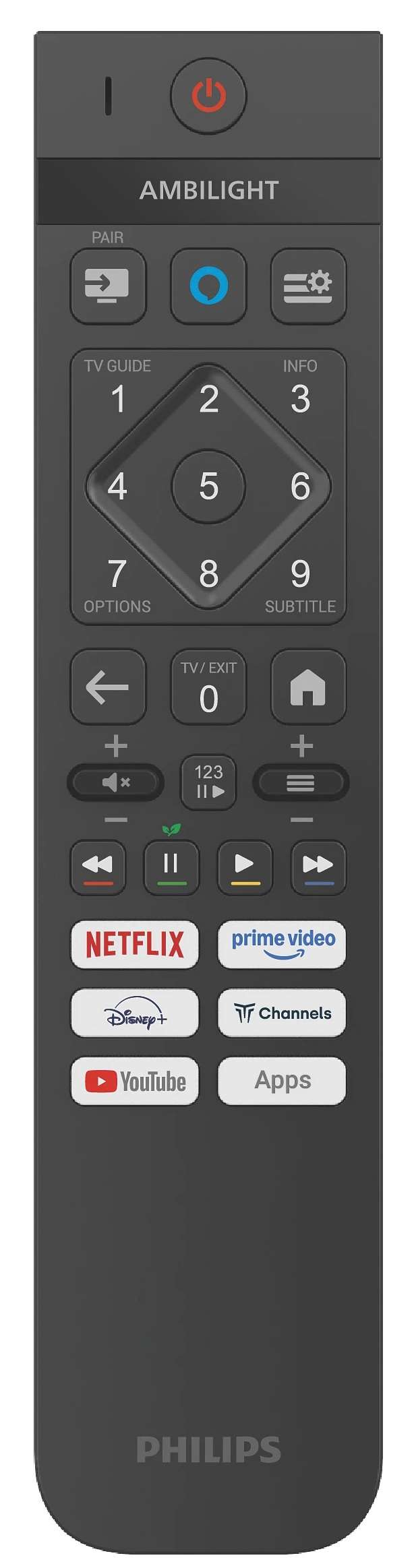 Ciemnoszary pilot do telewizora Philips z wieloma przyciskami. Zawiera zasilanie, klawisze numeryczne i skróty.