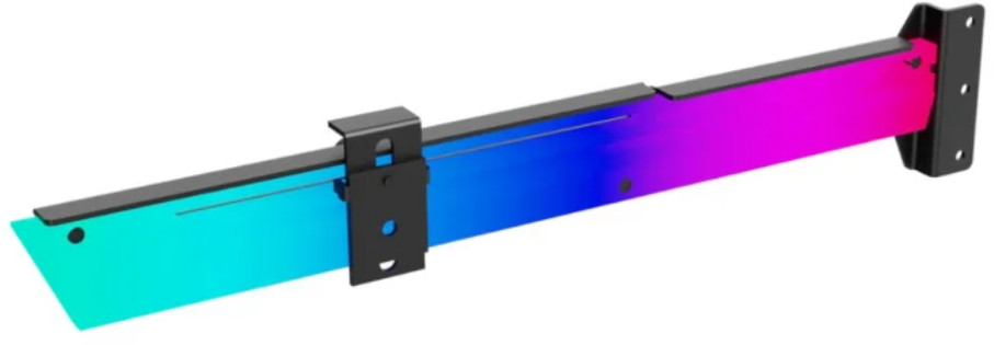 Metalowy wspornik z gradientem od turkusu do różu. Ma czarne płyty montażowe i czarny wspornik pośrodku.