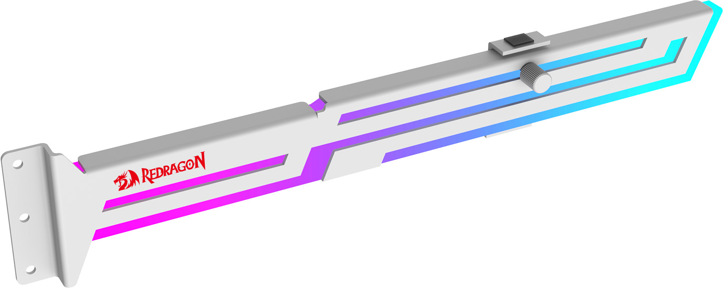 Biały pasek świetlny LED Redragon z różowymi i niebieskimi światłami. Posiada srebrne pokrętło regulacji i czarny przycisk.