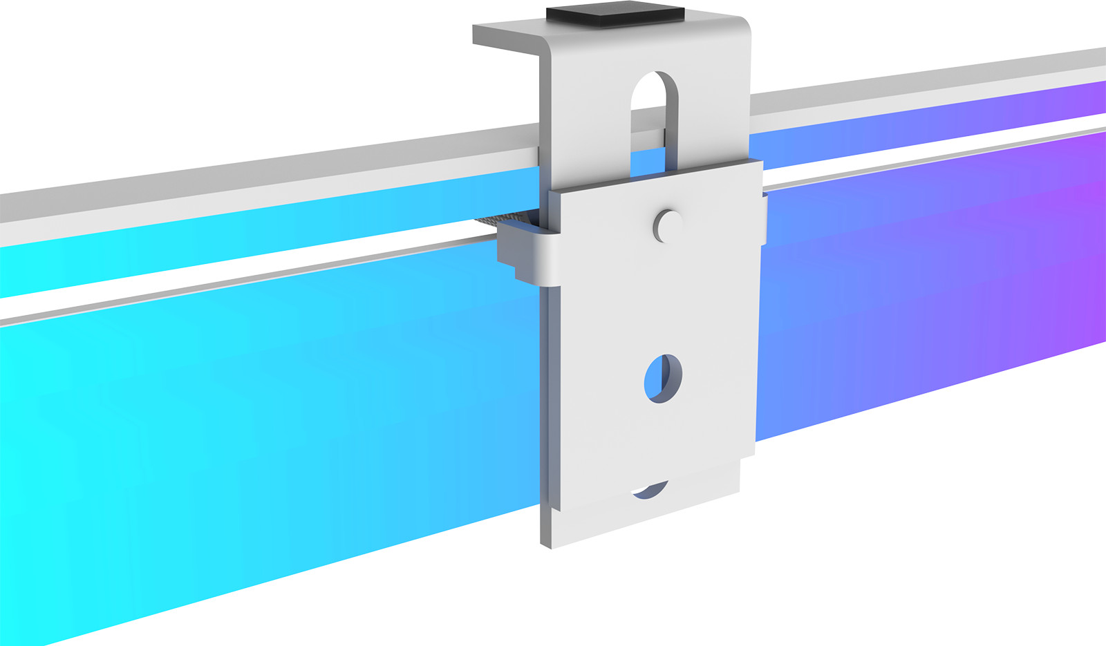 Biały metalowy wspornik jest zamontowany na niebiesko-fioletowej powierzchni. Wspornik ma czarny kwadrat na górze.