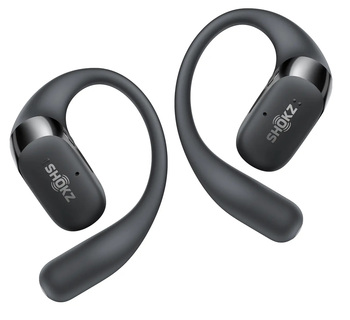 Dwa szare słuchawki Shokz. Każdy ma haczyk, który przechodzi przez ucho i sekcję dla ucha. Tło jest białe.