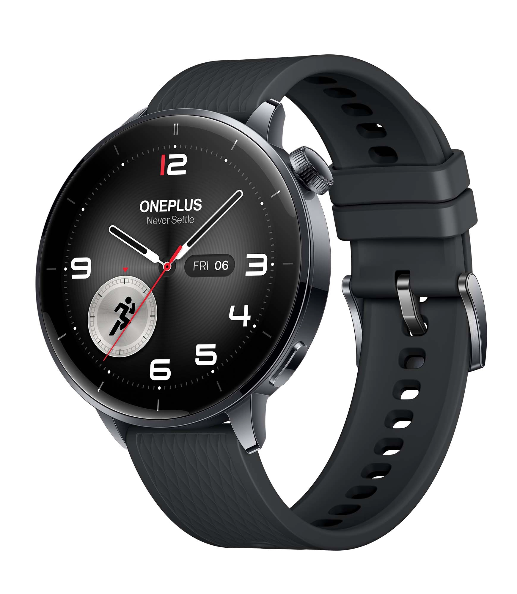 Czarny smartwatch OnePlus z okrągłą tarczą, czarnym paskiem. Tarcza wyświetla godzinę i datę. Pasek jest teksturowany.