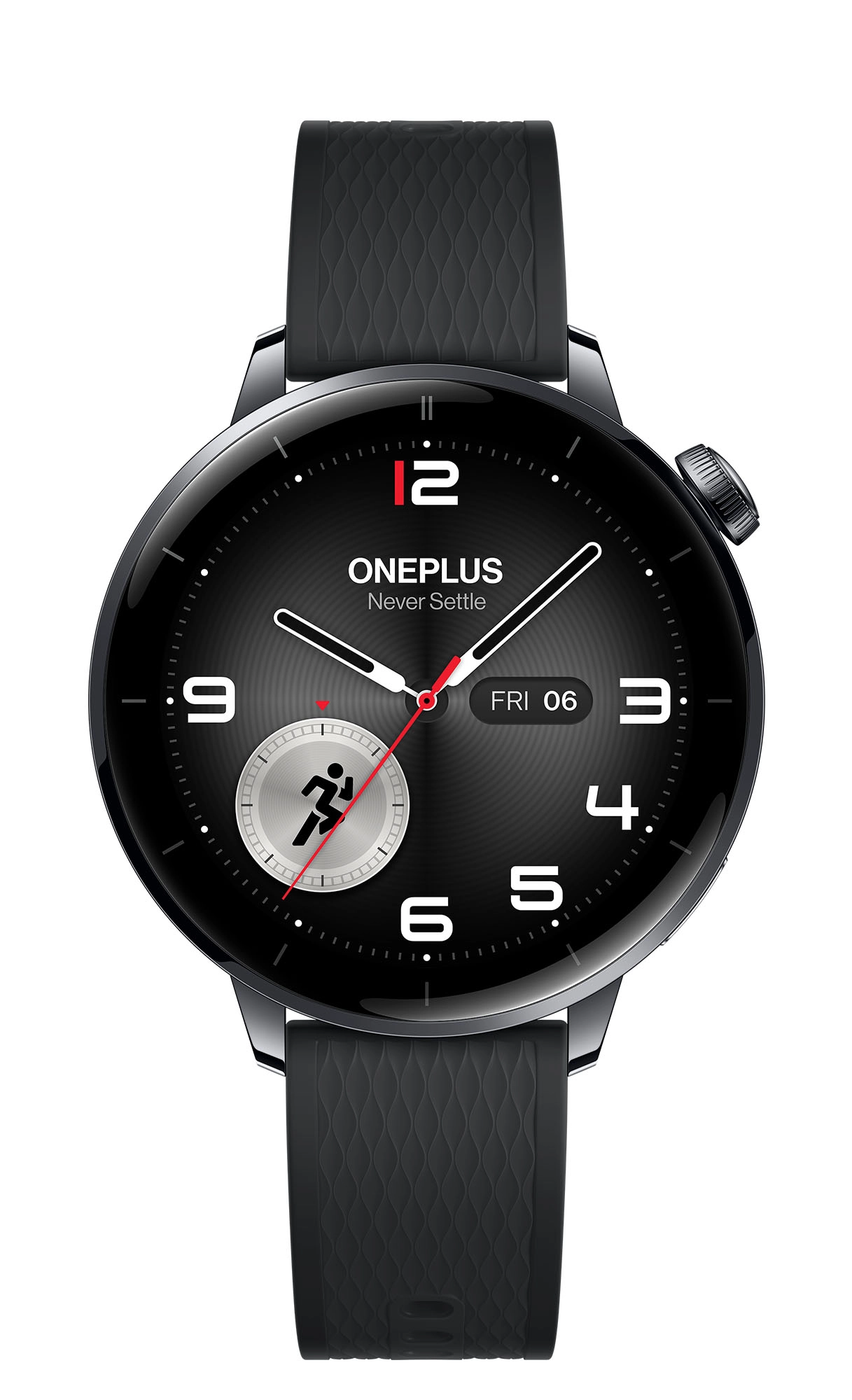 Czarny smartwatch OnePlus z czarnym paskiem. Tarcza wyświetla godzinę, datę i ikonę biegu.