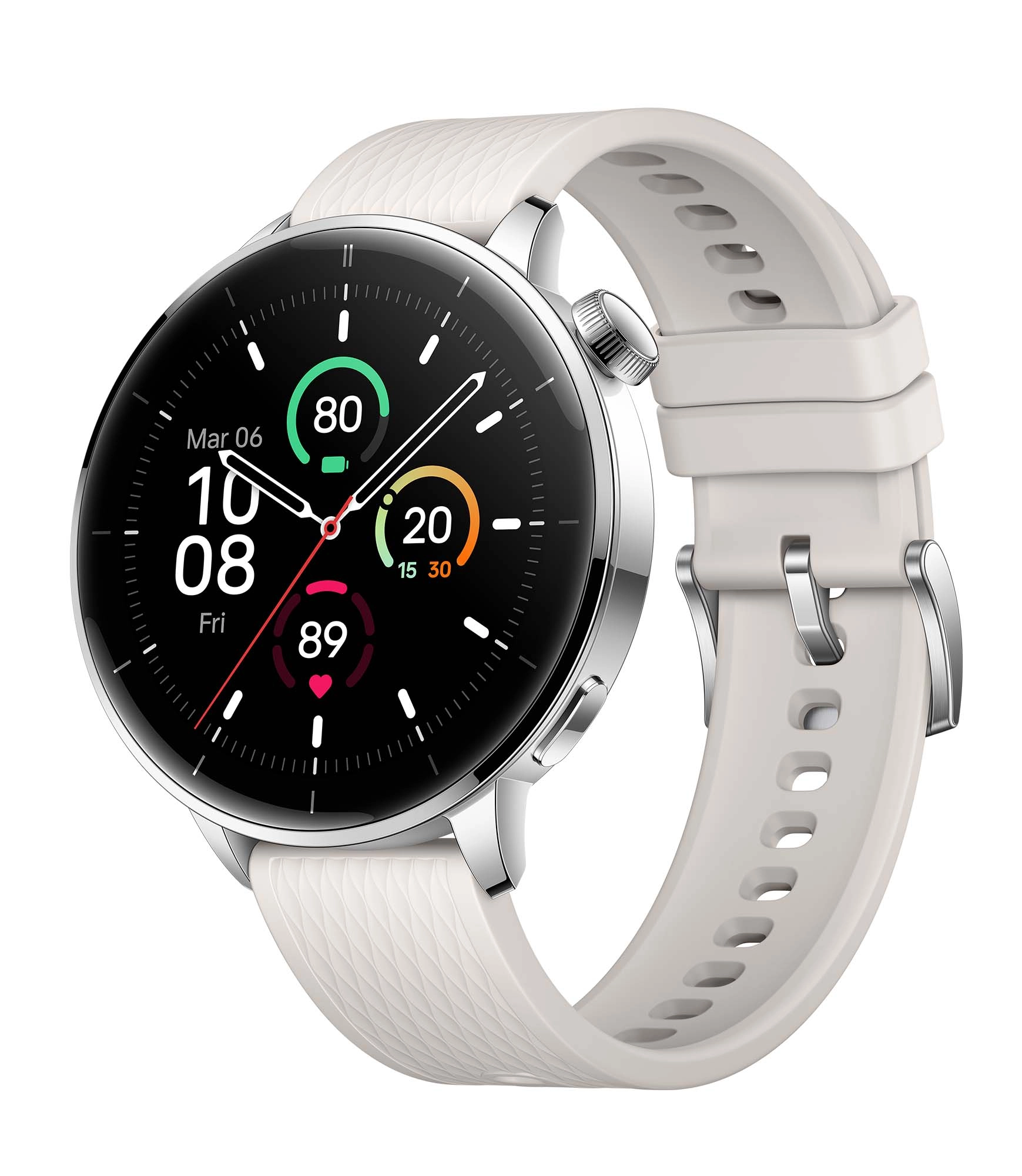 Srebrny smartwatch z białym paskiem wyświetla czas, dane zdrowotne. Ekran pokazuje datę, tętno i inne dane.