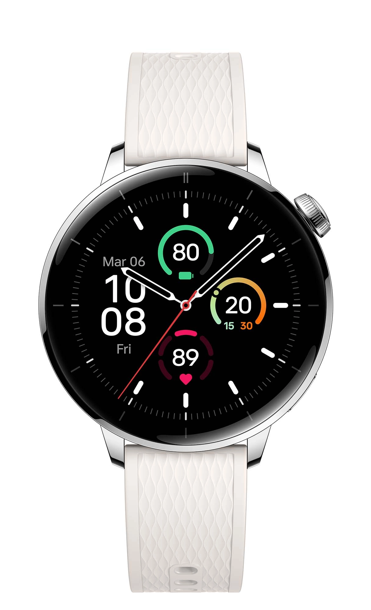 Okrągły smartwatch z czarnym ekranem pokazującym godzinę, datę i wskaźniki zdrowia. Ma białe paski i srebrną ramkę.
