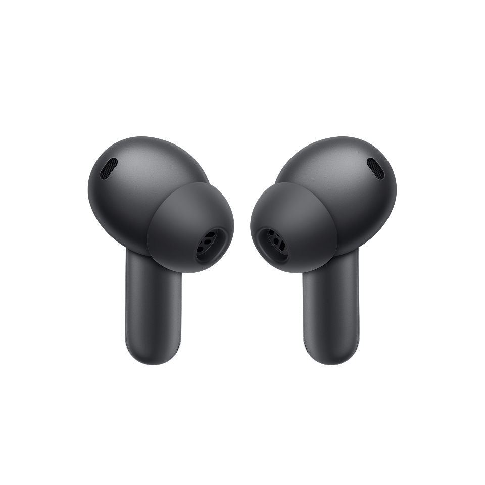 Dwa ciemnoszare bezprzewodowe słuchawki na czarnym tle. Każda słuchawka ma zaokrąglony kształt z małą dyszą.