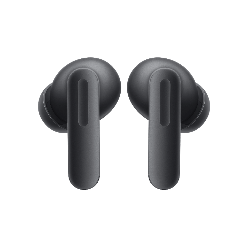 Dwa ciemnoszare bezprzewodowe słuchawki na czarnym tle. Każda ma zaokrąglony pączek i dłuższą łodygę.