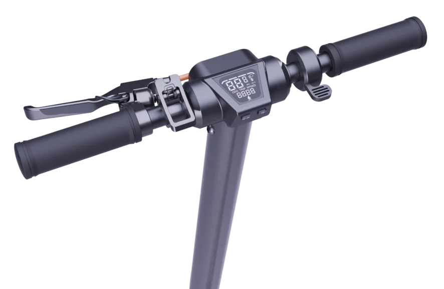 Zbliżenie kierownicy hulajnogi elektrycznej. Zawiera wyświetlacz, dźwignię hamulca i uchwyty. Szary schemat kolorów, białe tło.