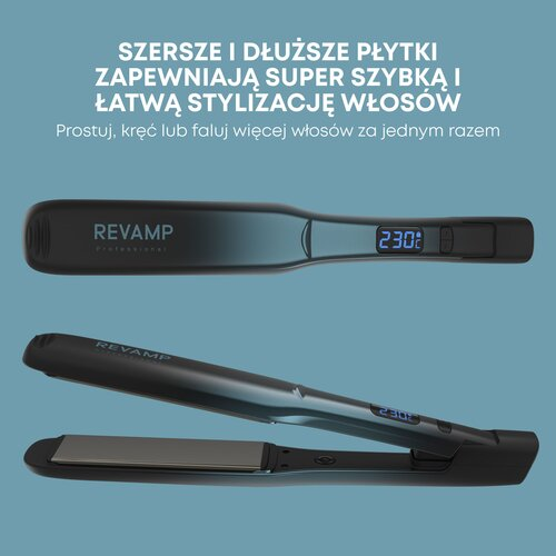 Wyświetlane są dwie czarne prostownice do włosów. Jedna jest otwarta, druga zamknięta. Tekst reklamuje łatwą stylizację włosów z szerszymi płytkami. Tło jest niebieskie.