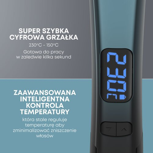 Zbliżenie czarnej prostownicy z niebieskim wyświetlaczem cyfrowym pokazującym 230 stopni. Tekst opisuje funkcje i zakres temperatur.