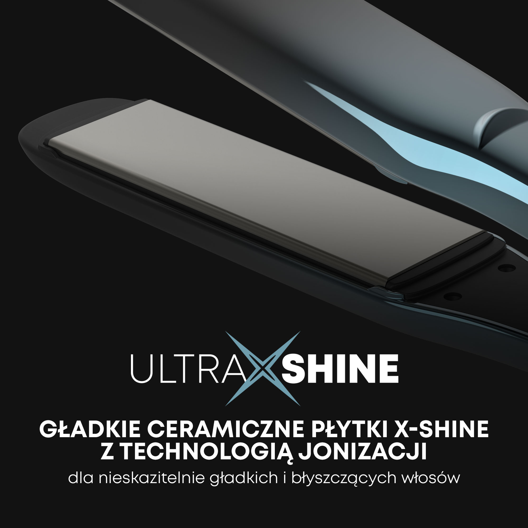 Zbliżenie prostownicy z ceramicznymi płytkami. Nazwa marki to ULTRAX SHINE.