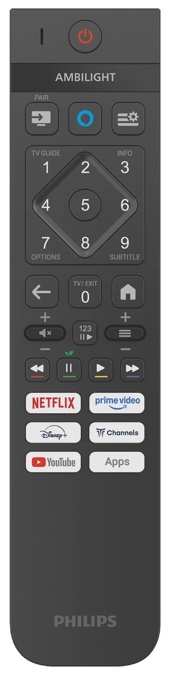 Pilot do telewizora Philips. Posiada wiele przycisków, w tym zasilanie, Netflix, YouTube i panel nawigacyjny.