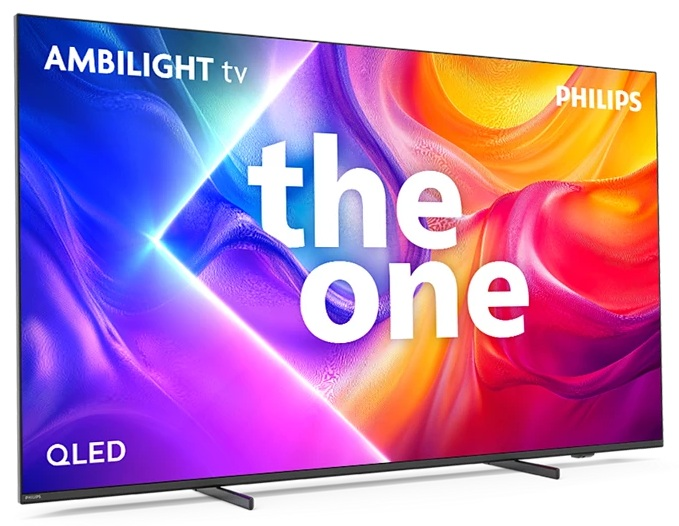 Telewizor Philips Ambilight QLED z napisem 'the one'. Wyświetla kolorowy obraz. Telewizor stoi na podstawie.