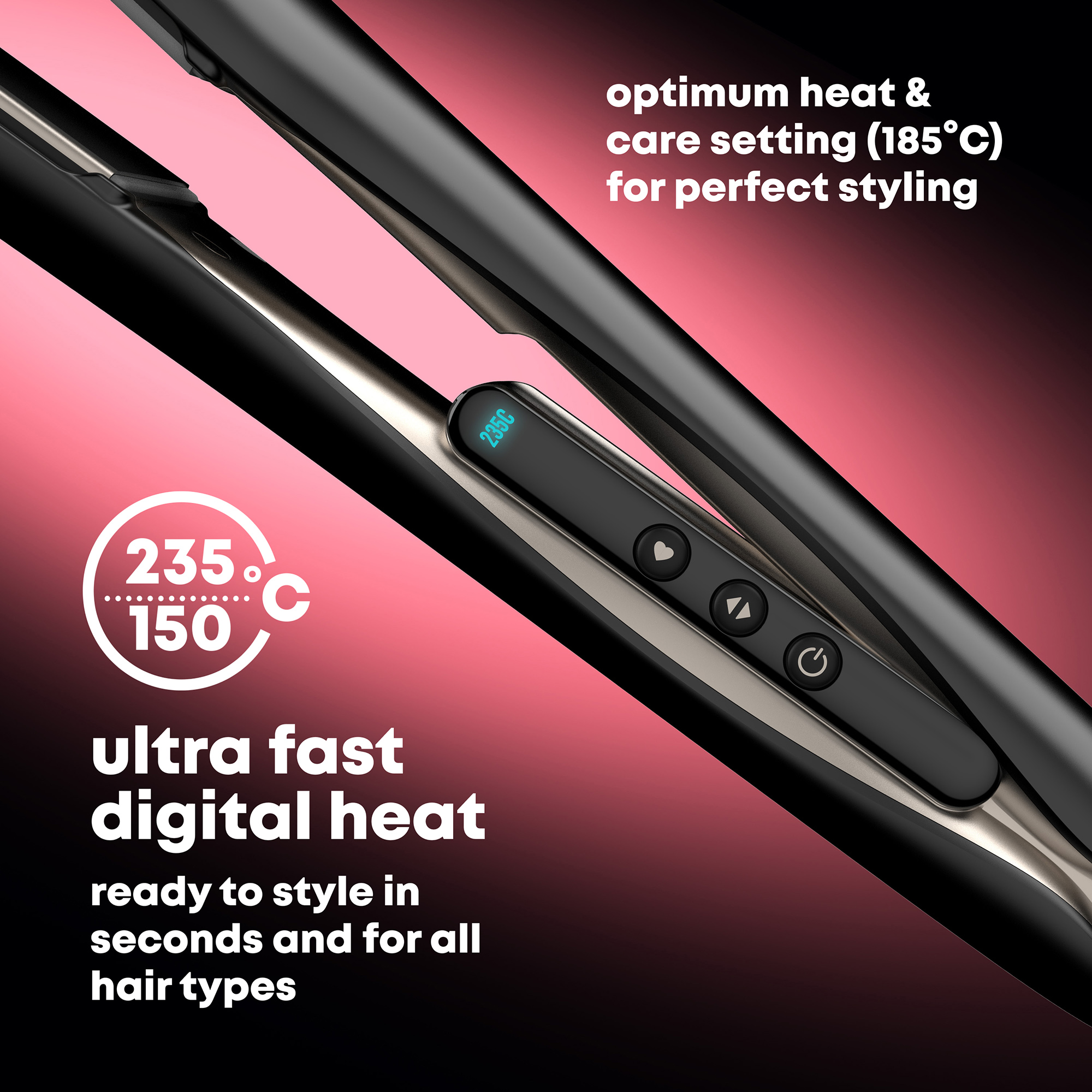 Czarna prostownica do włosów z cyfrowym wyświetlaczem na różowym tle. Tekst: ultraszybkie nagrzewanie cyfrowe, gotowe do stylizacji.