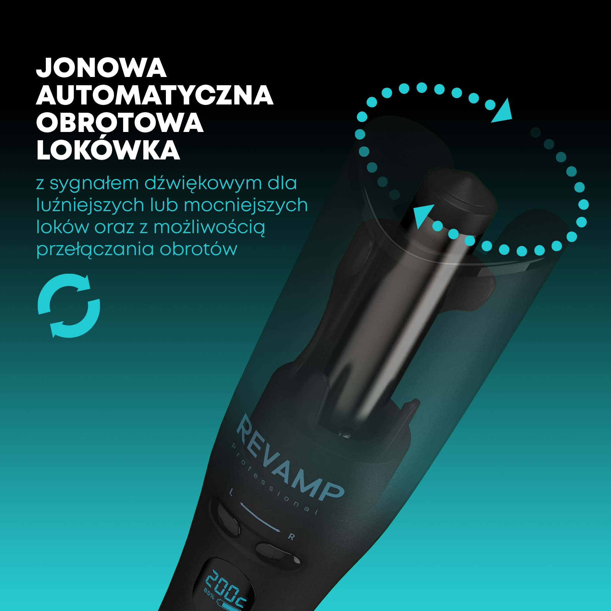 Czarna lokówka z turkusowymi akcentami. Tekst w języku polskim opisuje produkt. Turkusowe strzałki i kropki otaczają lokówkę.