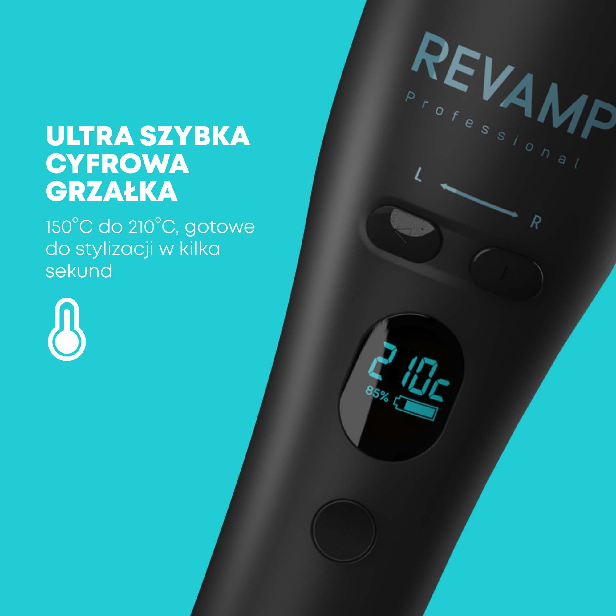 Czarna prostownica z cyfrowym wyświetlaczem 210c. Tekst: Ultraszybki grzejnik cyfrowy, 150-210C, gotowy do stylizacji w kilka sekund.