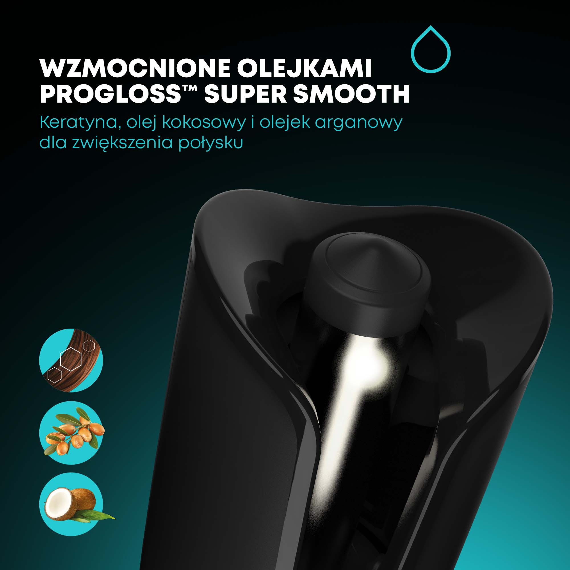 Czarne narzędzie do stylizacji włosów z jasnym światłem i tekstem o produktach do pielęgnacji włosów.