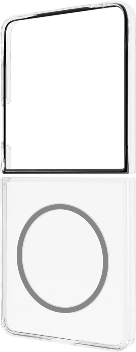 Una custodia trasparente per telefono, la sezione superiore è nera, la inferiore è bianca con un cerchio grigio.