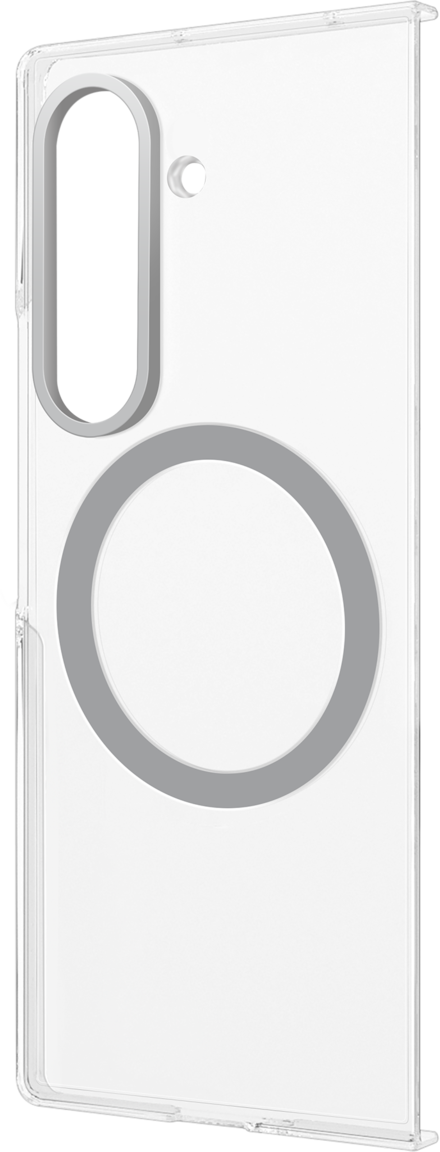 Una custodia trasparente per telefono. Ha un ritaglio per la fotocamera, un cerchio MagSafe e un ritaglio rettangolare. Tutto è delineato in grigio.