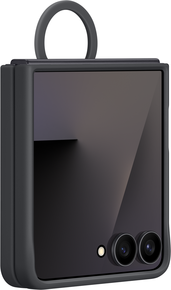 Un téléphone pliable gris foncé est montré. Il a un anneau en haut. Deux caméras sont à l'avant avec une lumière.