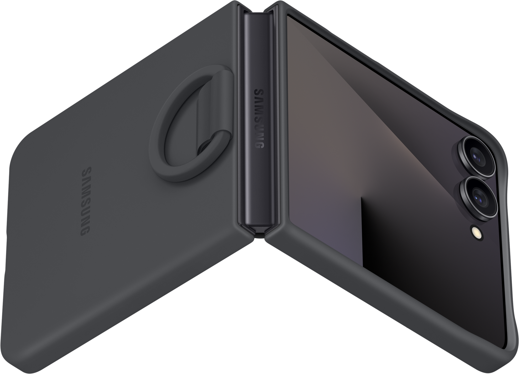 Une coque de téléphone Samsung gris foncé, ouverte. Une poignée annulaire est à gauche. Logo Samsung visible. Le téléphone a deux caméras.