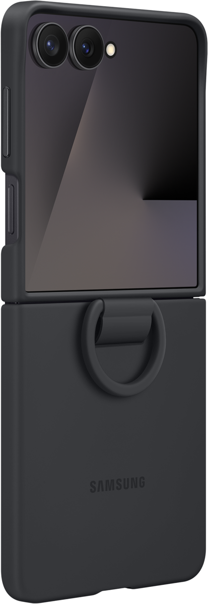 Un téléphone Samsung noir dans un étui. Il est plié et a une boucle sur la moitié inférieure. Le logo Samsung est visible.