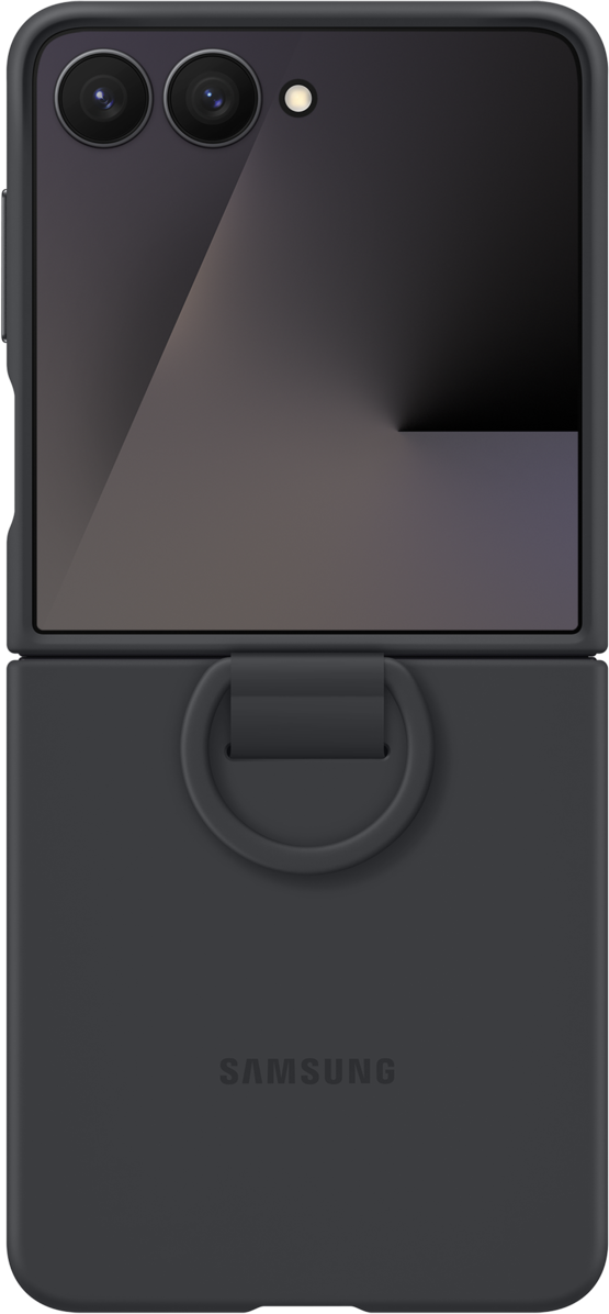 Téléphone Samsung noir, plié. Comprend deux caméras, un écran et une poignée annulaire. Le logo Samsung est visible.